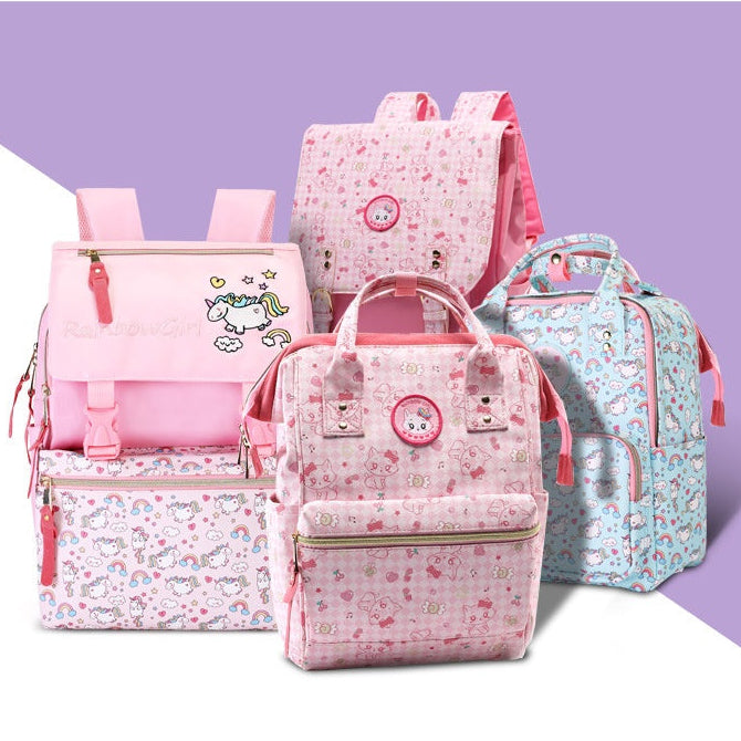 〖Primary Schoolbag〗 Girls grades 1-3-6 pink flip-up backpack printed college style handbag